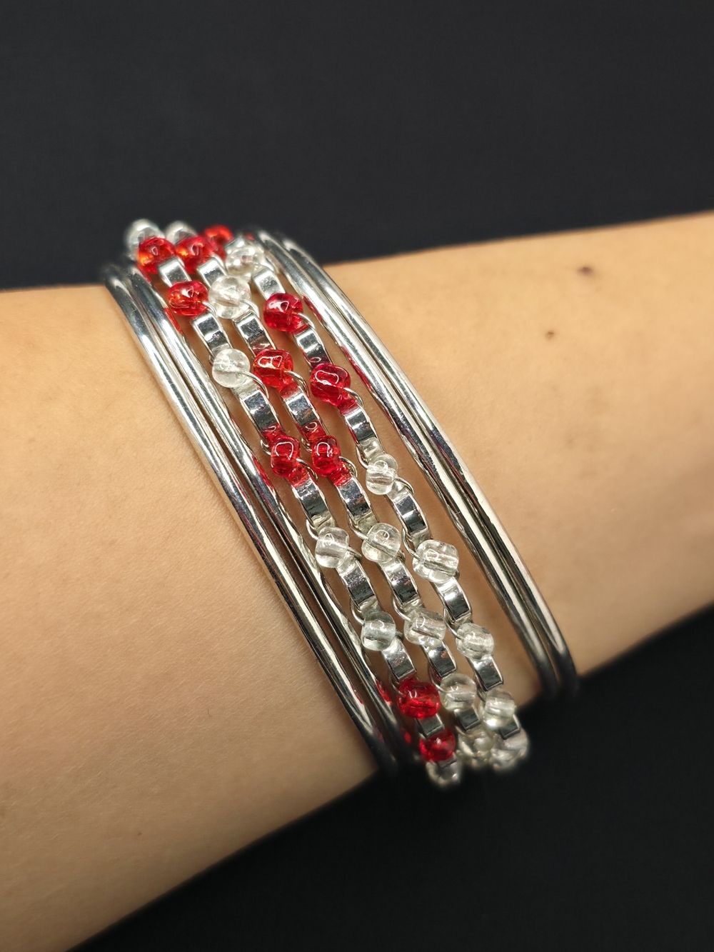 Boutique Artesanal Handmade 7 Strand Wrap Bracelet Silver Red Crystal 8”